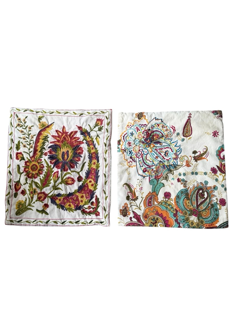 Vintage Embroidered Floral Paisley Two Square Pillow Covers Cream Multicolour